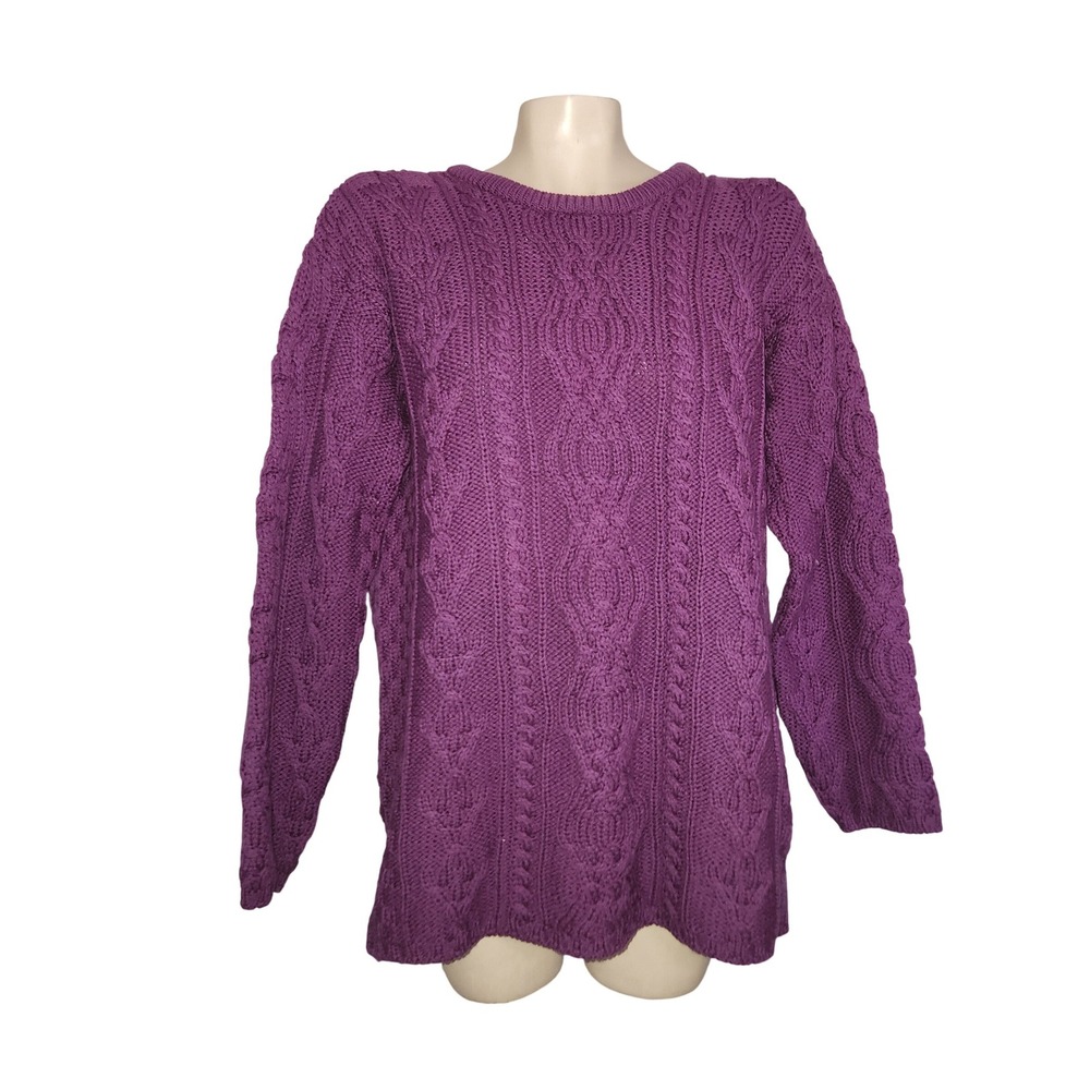 Aran Crafts Ireland Purple‎ Wool Cable Knit Fisherman Sweater S rare luxury warm